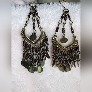 Bojo Chandelier Earrings Brown Beaded with Brass Accents